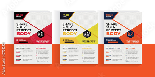 Fitness Gym Flyer Design Template,  3 color fitness body building and gym flyer A4 size template