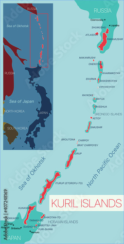 Kuril Islands detailed editable map. Vector EPS-10 file