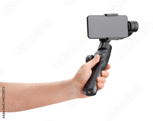 smartphone gimbal in hand isolated on white
