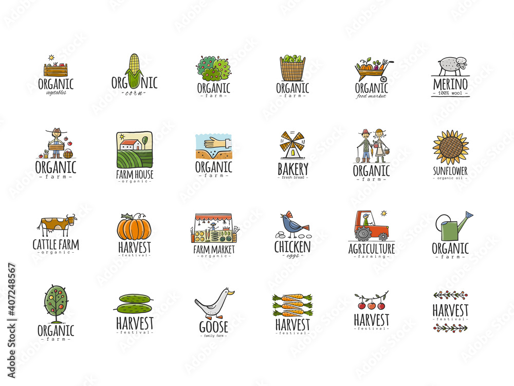 Organic Farm Icons For your Design. Harvest Festival. Agriculture collection. Organic farming eco concept. Fresh products, locally grown and organic food. Farmer's Market.