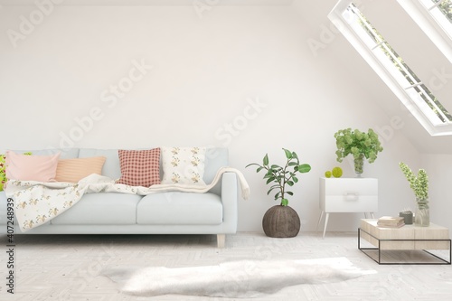 White living room with sofa. Scandinavian interior design. 3D illustration