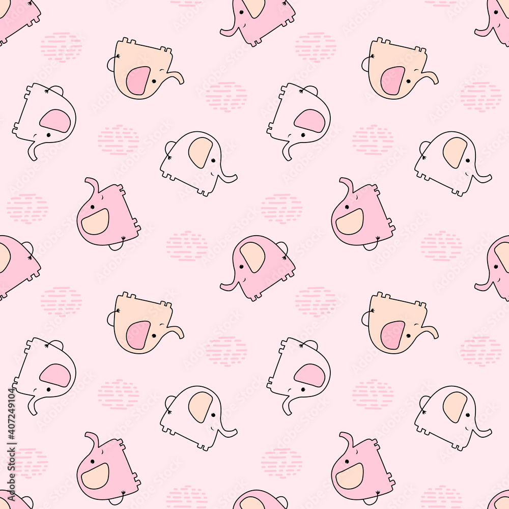 Seamless pattern with cute multicolored elephants on a pink background. Vector baby background great for fabric and textile, baby clothes and bedding, packaging designs, cards and banners