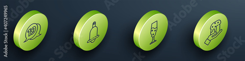 Set Isometric Speech bubble with happy easter, Ringing bell, Wine glass and Human hand and easter cake icon. Vector.
