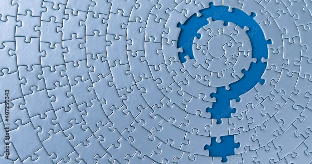 Gray circular puzzles stacked on blue background. Female hand is putting down piece, creating question mark sign. Suspense, obscurity, problem, issue, task, business solution decision search concept.