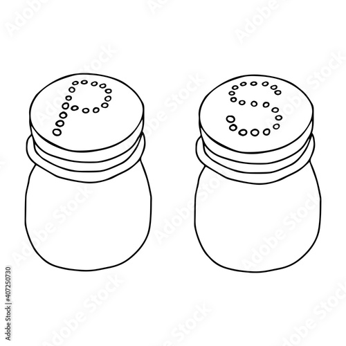 Vector outline black illustration of a pair of salt and pepper shaker isolated on a white background