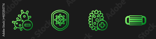Set line Positive virus, Negative, Shield protecting from and Medical protective mask. Gradient color icons. Vector.