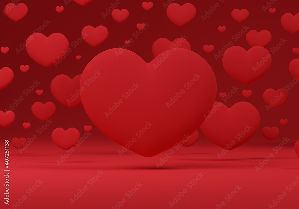 3d hearts floating on a red background.3d illustration.
