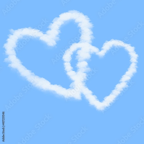 Flat Art illustration abstract background. Doodle stacked two Cloud Love Heart on blue sky background. Valentine's day concept.