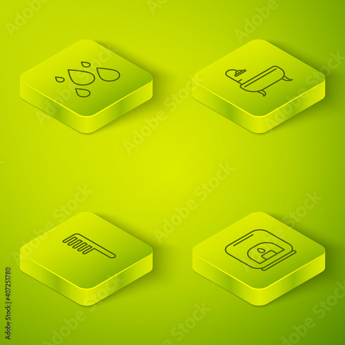 Set Isometric Bathtub, Hairbrush, Aroma lamp and Water drop icon. Vector.