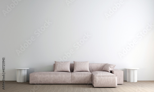 Scandinavian style living room with sofa and tea table. Minimalist living room design, and empty white wall background, 3D illustration photo