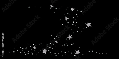 Silver star of confetti. Falling starry background. Random stars shine on a black background. The dark sky with shining stars. Flying confetti. Suitable for your design, cards, invitations, gifts.