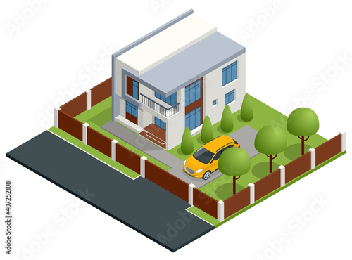 Isometric Apartment house. Building, cottage, villa. Modern cozy house in chalet style with garage for sale or rent with large garden and lawn.