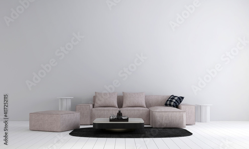 Scandinavian style living room with sofa and tea table. Minimalist living room design, and empty white wall background, 3D illustration