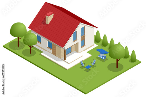 Isometric Apartment house. Building, cottage, villa. Modern cozy house in chalet style with garage for sale or rent with large garden and lawn.