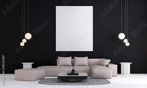 Fototapeta Naklejka Na Ścianę i Meble -  Frame mock up in black modern living room design, canvas frames on black wall background, 3d render