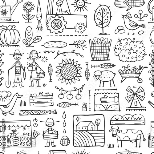 Organic Farm Seamless Pattern Background For your Design. Harvest Festival. Agriculture collection. Organic farming eco concept. Fresh products, locally grown and organic food. Farmer's Market