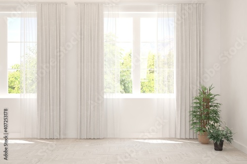 White empty room with summer landscape in window. Scandinavian interior design. 3D illustration © AntonSh