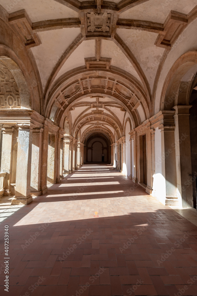 One of the cloisters of the convent of christ lit by the sunlight in broad daylight, Tomar, Portugal