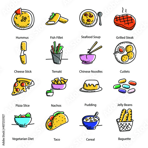 
Pack of Delicious Cuisines Doodle Icons 
