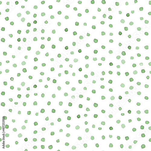 watercolor seamless pattern with watercolor textures of green, blue round spots, dots on a white background
