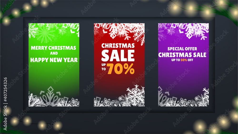 Set Christmas Sale. Christmas Shop Now. Many Different New Year Gifts on The Festive Background. Merry Christmas and Happy New Year. Colored. Winter Holidays Set Realistic gifts. Vector Illustration