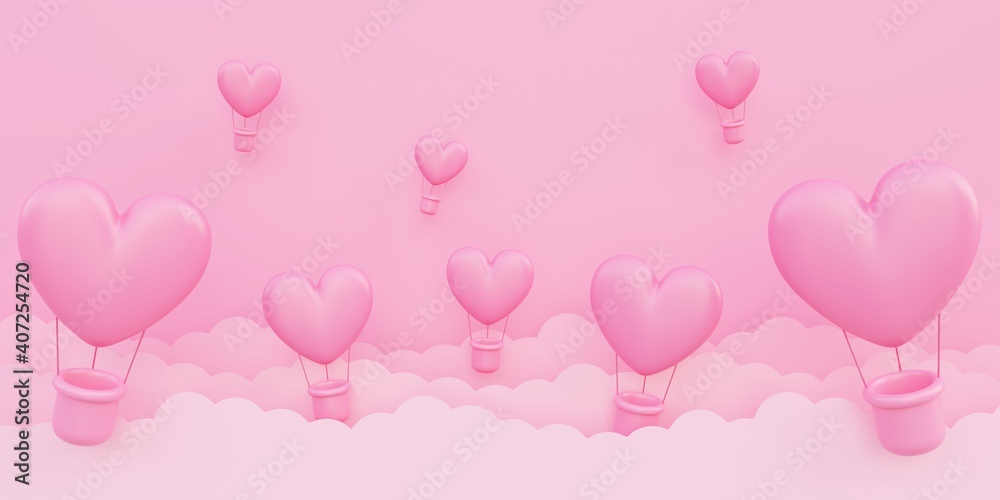 Valentine's day, love concept background, pink 3d heart shaped hot air balloons flying in the sky with paper cloud, copy space