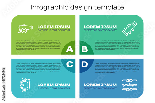 Set line Brass knuckles, Cannon, Barbed wire and Rocket. Business infographic template. Vector.