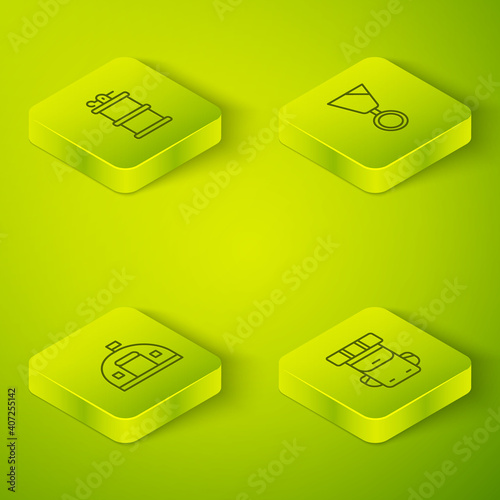 Set Isometric line Military reward medal, barracks, Hiking backpack and Hand smoke grenade icon. Vector.