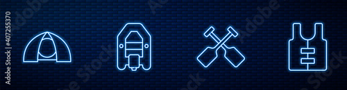 Set line Paddle, Tourist tent, Rafting boat and Life jacket. Glowing neon icon on brick wall. Vector.
