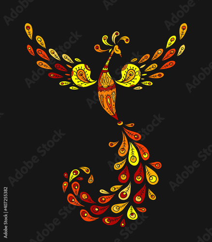 Firebird with a Majestic Tail. Phoenix Bird. Mythical character. Ornamental Silhouette for your design