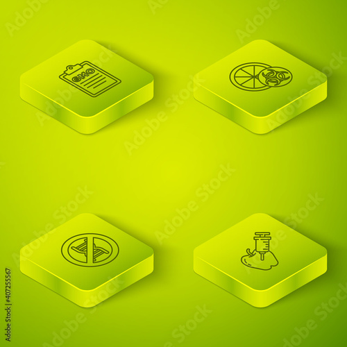 Set Isometric line Genetically modified orange, Stop GMO, apple and icon. Vector.