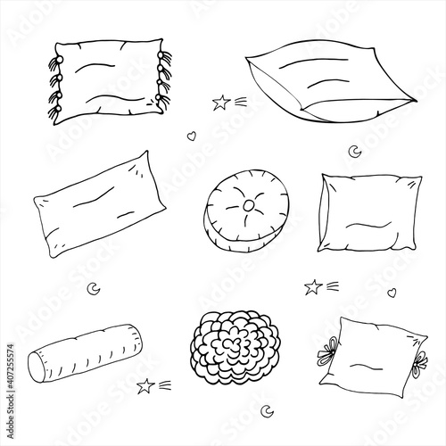 Sleeping pillows, Decorative Set of hand-drawn pillows. Pillow illustration sketch.