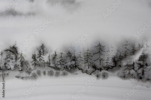 pine forest in winter time watercolor