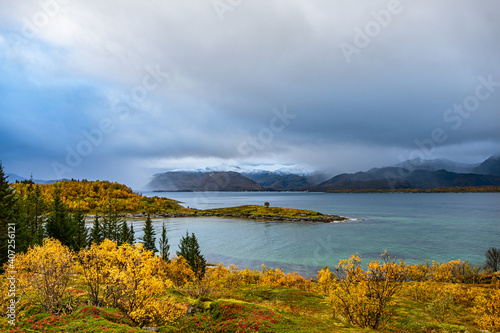 Mountains of Senja surrounded by water in north Norway