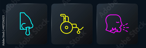 Set line Runny nose, Man coughing and Wheelchair. Black square button. Vector.