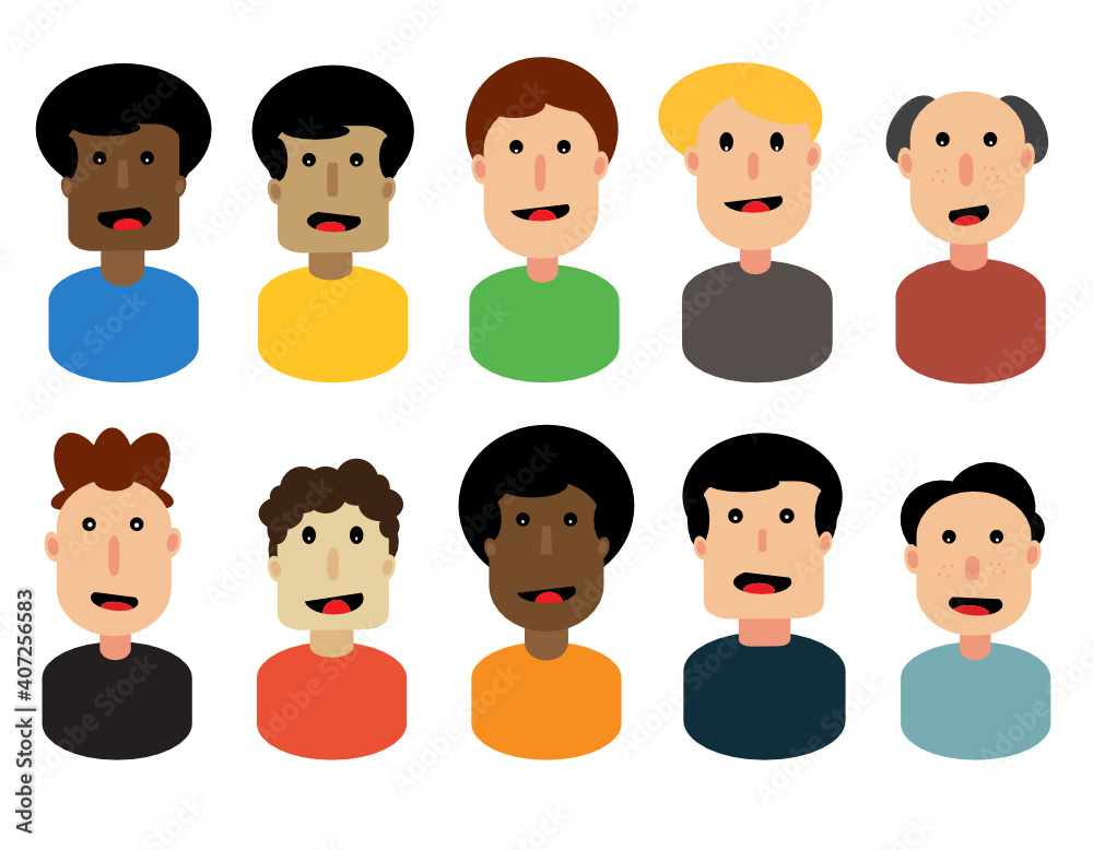 A set of simple cartoon style male avatar faces A set of simple cartoon style male avatar faces