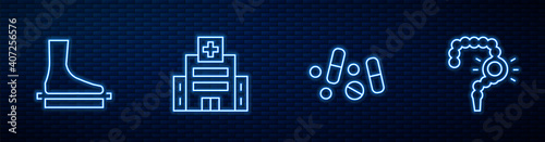 Set line Medicine pill or tablet, Flat foot, Medical hospital building and Gut constipation. Glowing neon icon on brick wall. Vector.