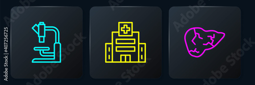 Set line Microscope, Hepatitis virus and Medical hospital building. Black square button. Vector.