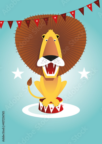 Illustration circus lion, garland, stars, funny, nostalgic, red, yellow, brown, vector, brave, children, nursery
