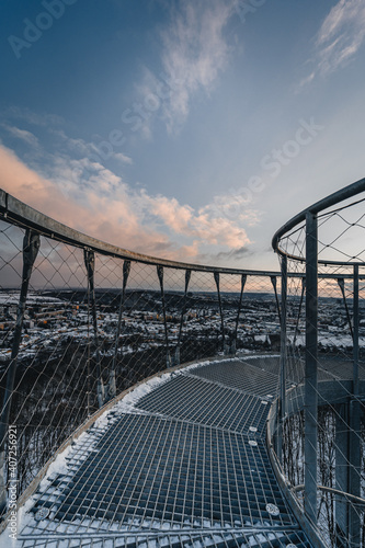 Morning sunrise from top of lookout tower Brno. View from viewpoint Brno Holedna. Jundrov viewpoint. photo