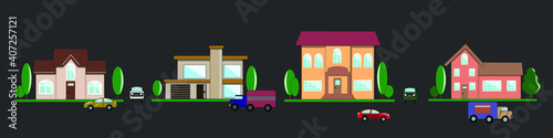 Houses, courtyards, trees, trucks and cars, road. Suburb. Family home. Small city. The street. Vector isolated objects.