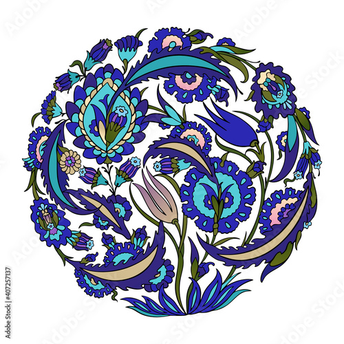 Round vector floral ornament motif, colorful composition of Middle Asian, Arabian islamic vector decorative motifs and elements. Damask ornate boho style vintage decor  for custom print and design.