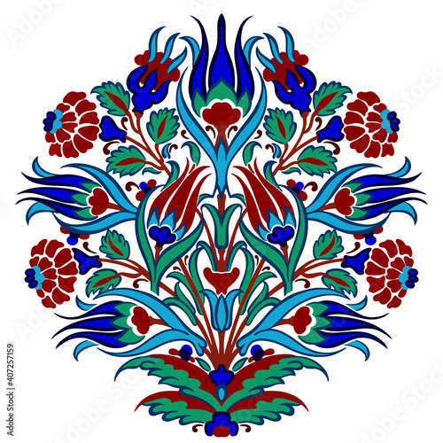 Round vector floral ornament motif, colorful composition of Middle Asian, Arabian islamic vector decorative motifs and elements. Damask ornate boho style vintage decor  for custom print and design.