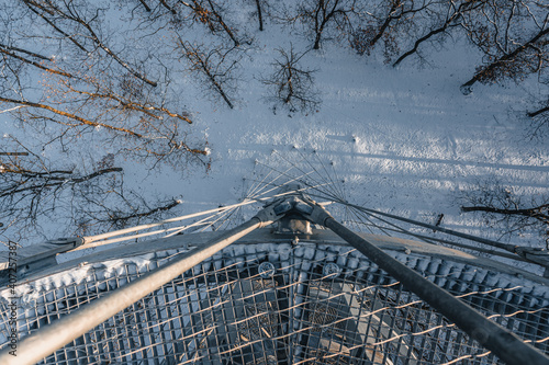 Lookout tower Brno in forest. View from viewpoint Brno Holedna. Jundrov viewpoint. Steel watchtower. photo