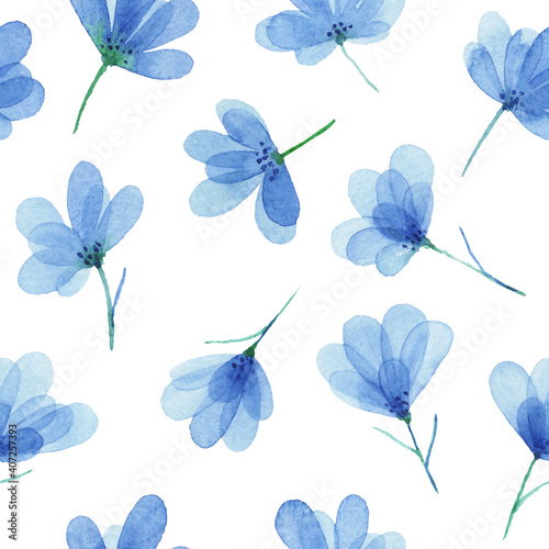 Seamless pattern with watercolor flowers sky blue, repeat floral texture, background hand drawing. Perfectly for wrapping paper, wallpaper, fabric, texture and other printing.