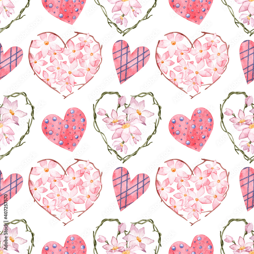 Seamless pattern with hand painted decorative hearts