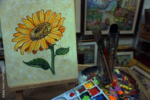   Palette and paintbrush , Hand drawn  Art painting  oil color beautiful Sunflower from Thailand 