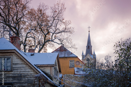 Fototapeta Naklejka Na Ścianę i Meble -  View of the Church of St. John from the old streets of the small town of Cesis. Latvia