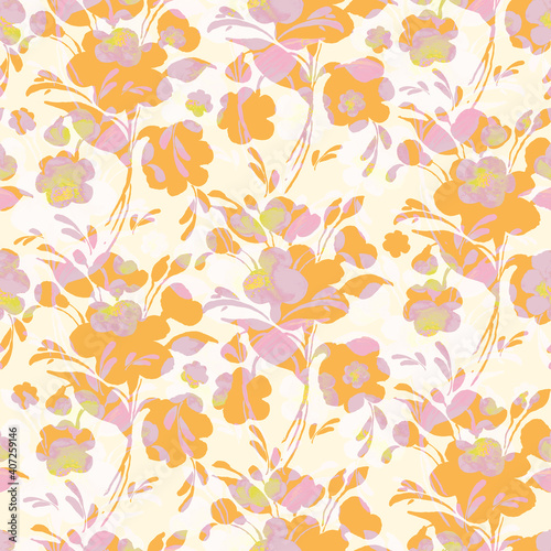 Abstract floral seamless pattern spring flowers drawn by paints on paper