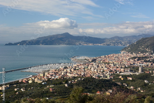 View of Tigullio gulf, Lavagna, Chiavari and Portofino promontory as seen from Santa Giulia di Centaura. Liguria. Italy